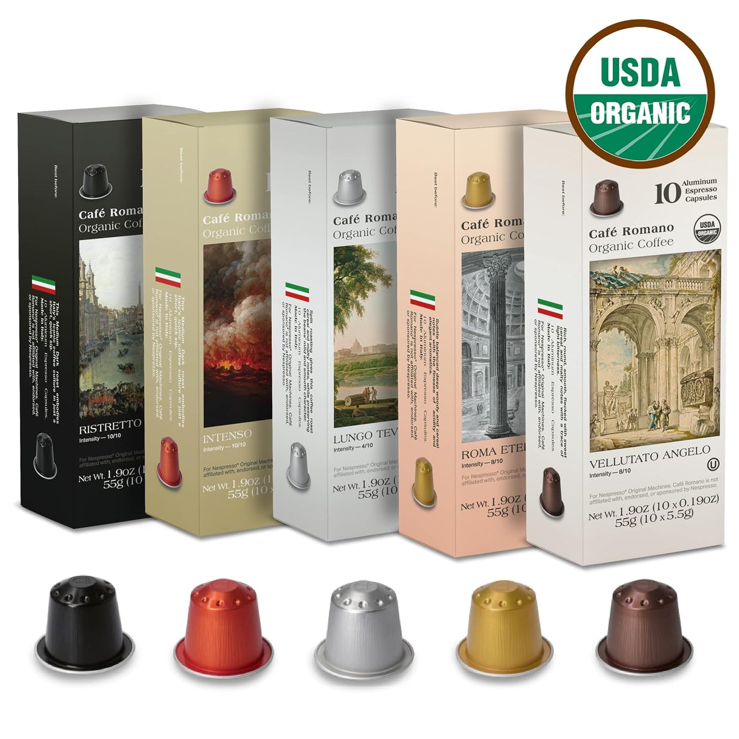 Organic USDA Café Romano Coffee Aluminum Espresso Pods for Nespresso Original Machine