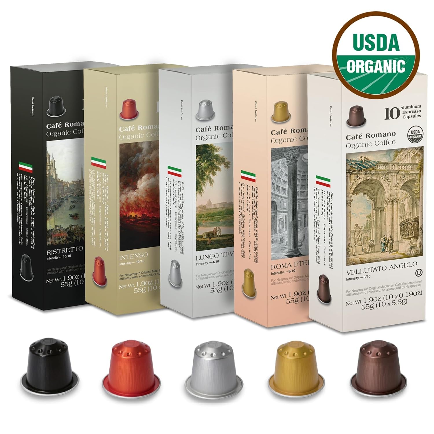 Organic USDA Café Romano Coffee Aluminum Espresso Pods for Nespresso Original Machine