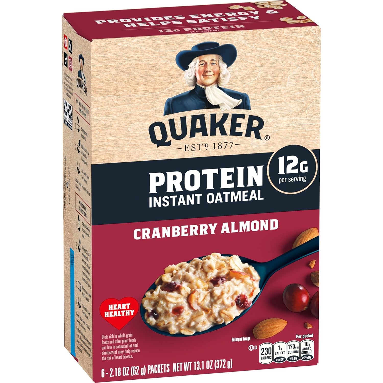 Protein Instant Oatmeal, Cranberry Almond, 12G Protein per Serving (6 Pack)