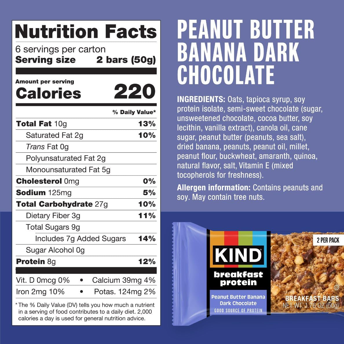 KIND Breakfast Protein Bars, Peanut Butter Banana Dark Chocolate, 8G Protein, 6 Count
