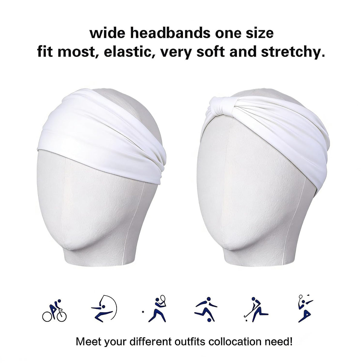 2 Pack White Wide Headbands for Women - Thick Stretchy Non Slip Fabric Sweat Bands, Soft Hair Bands for Workout, Running, Spa, Makeup & Washing Face