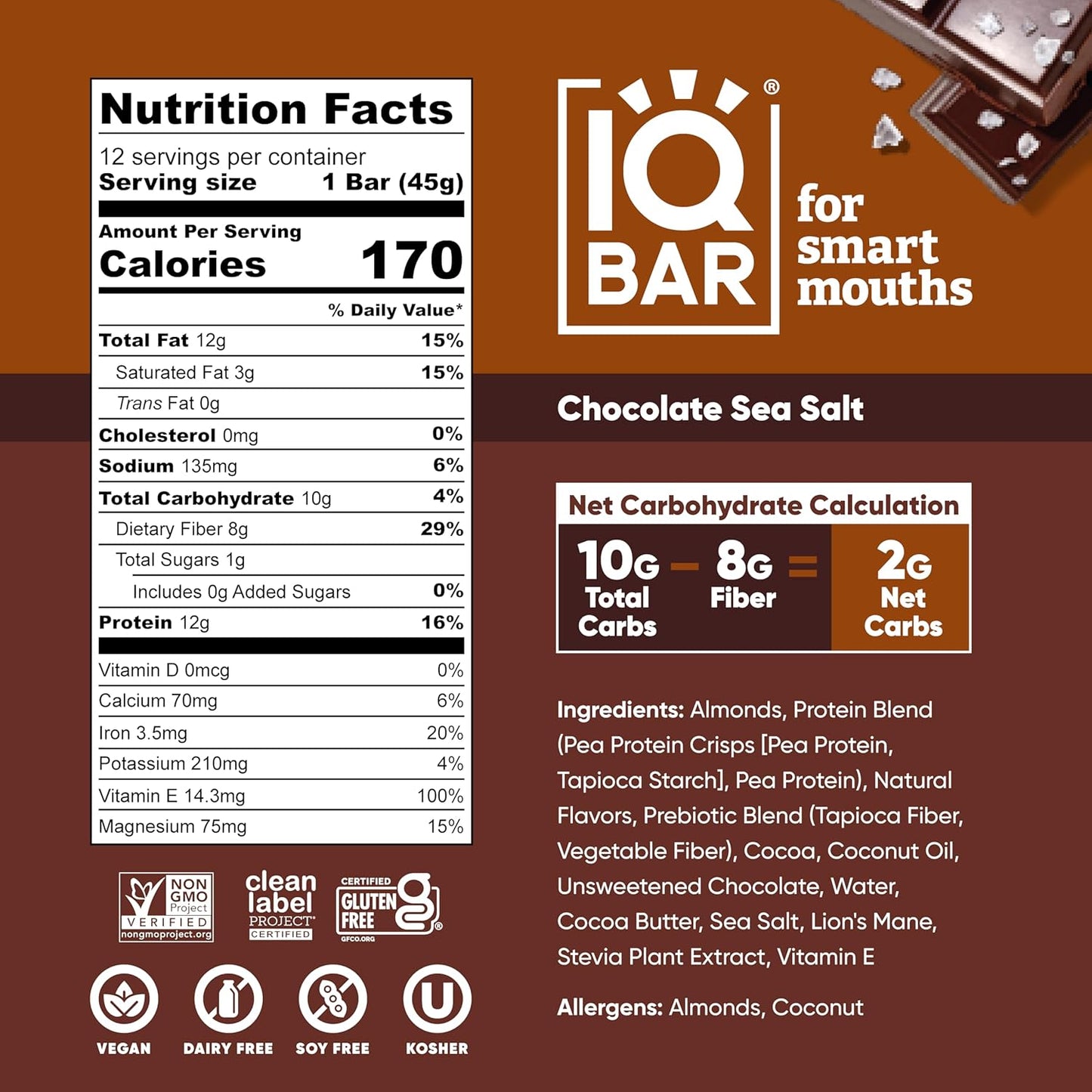 IQBAR Clean Plant Protein Bars - Chocolate Sea Salt - 12 Count