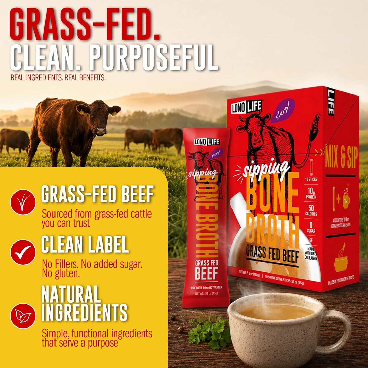 LonoLife Beef Bone Broth Powder Mix | 10 Portable Stick Pack Servings