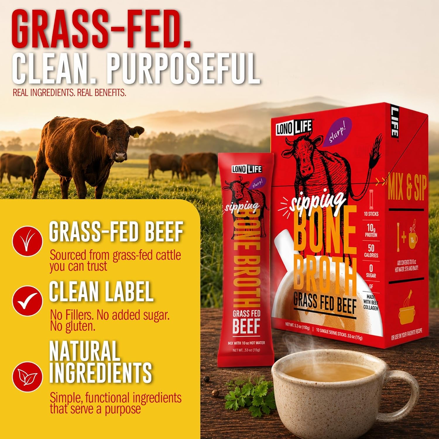 LonoLife Beef Bone Broth Powder Mix | 10 Portable Stick Pack Servings