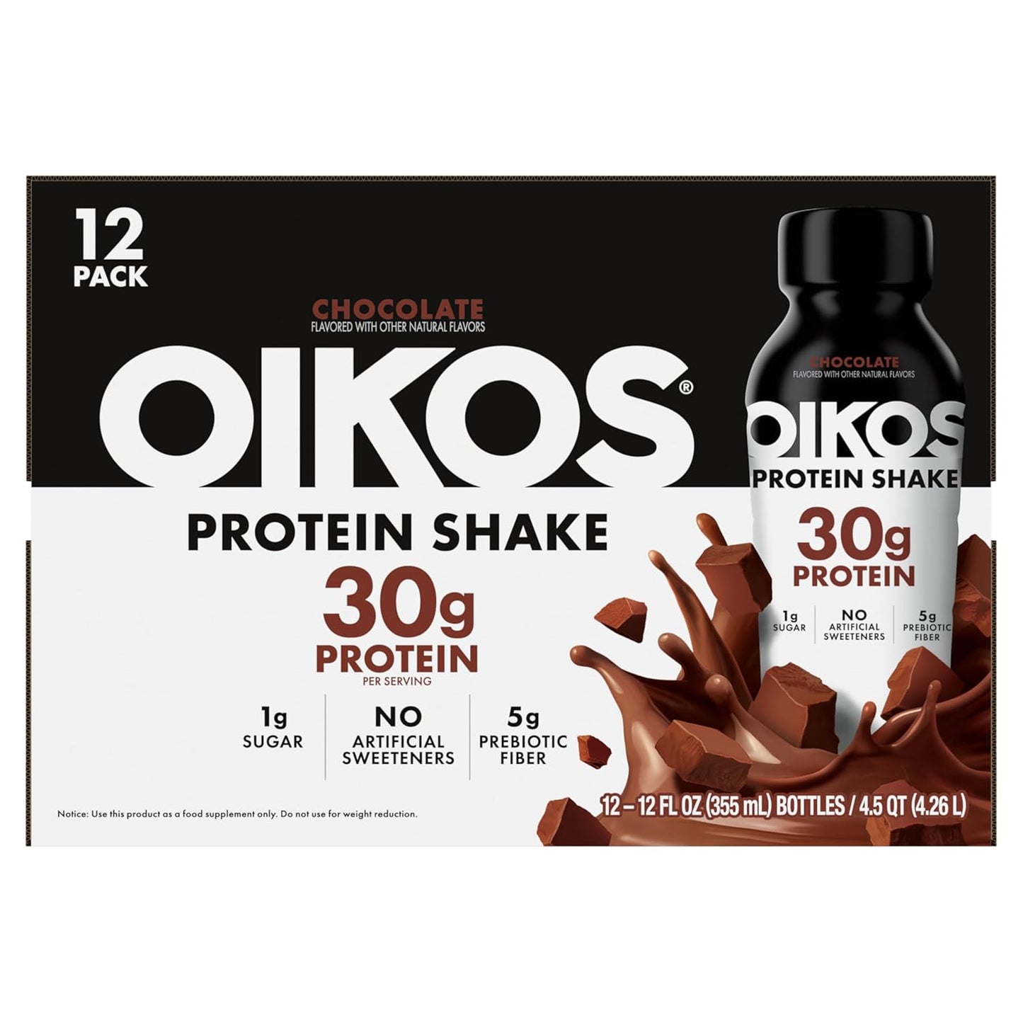 Oikos Protein Shake, Chocolate, 30G High Protein Drinks, 12 Fl oz Bottle, 12 Count​