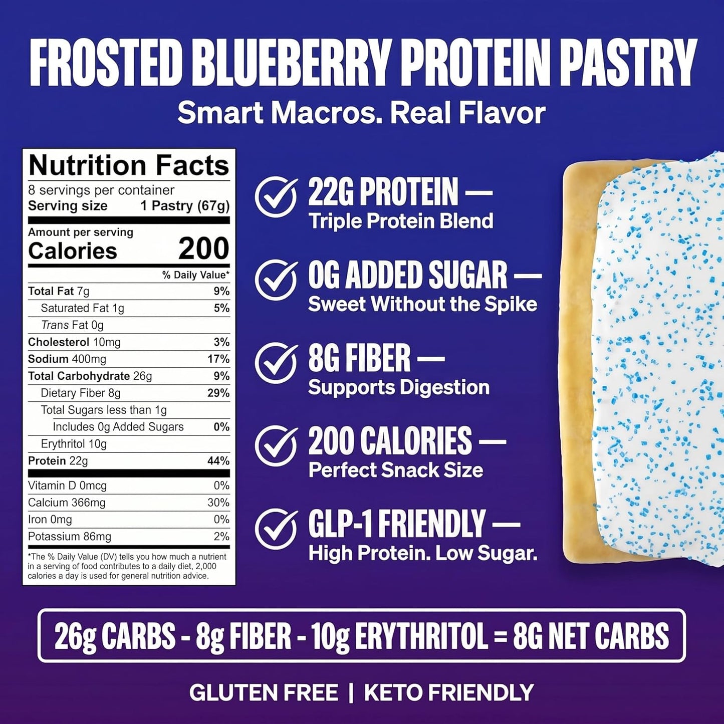 Legendary Foods 22g Protein Pastry 0g Added Sugar, 8 Pack Frosted Blueberry