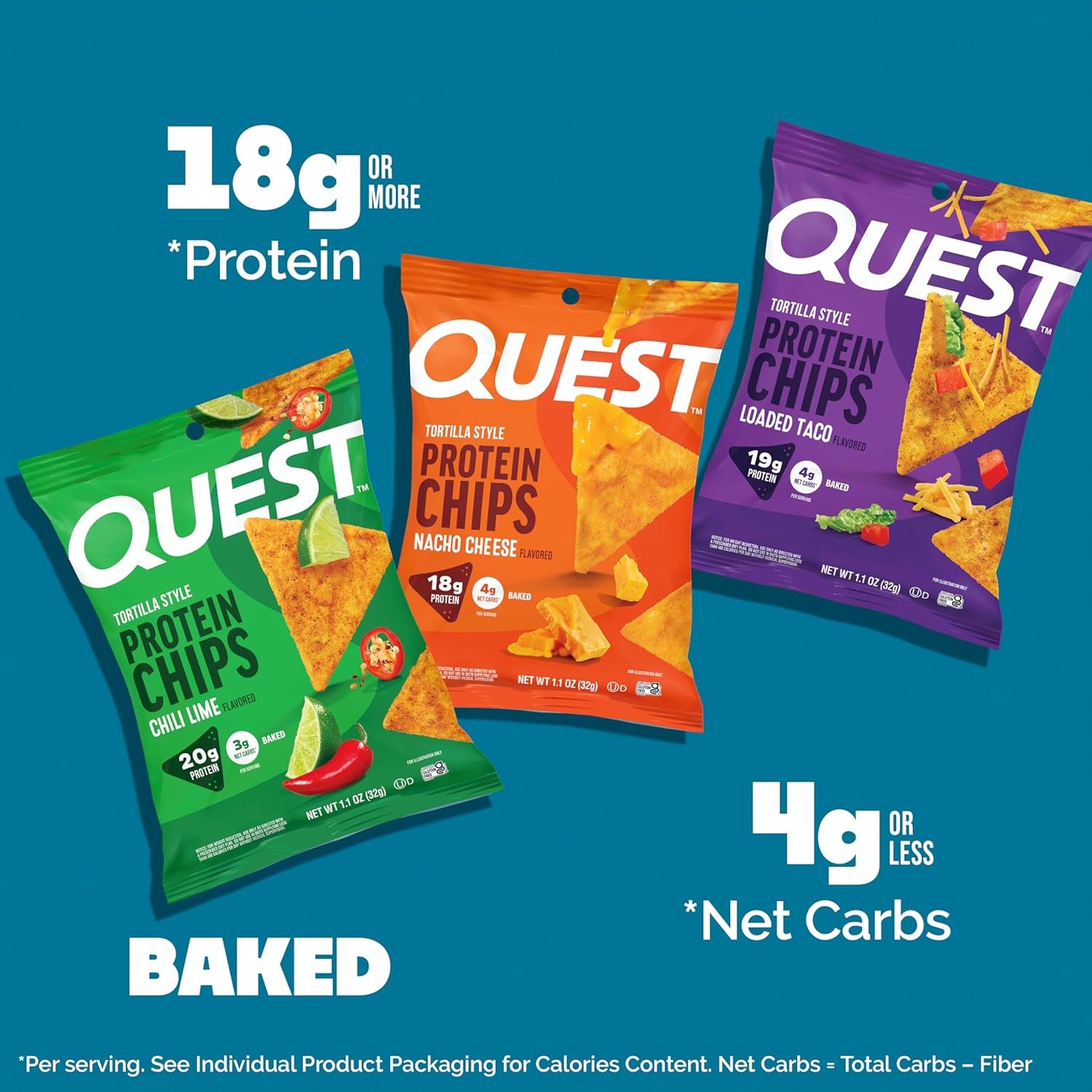 Nutrition Tortilla Style Protein Chips Variety Pack, Chili Lime, Nacho Cheese, Loaded Taco (Pack of 12)