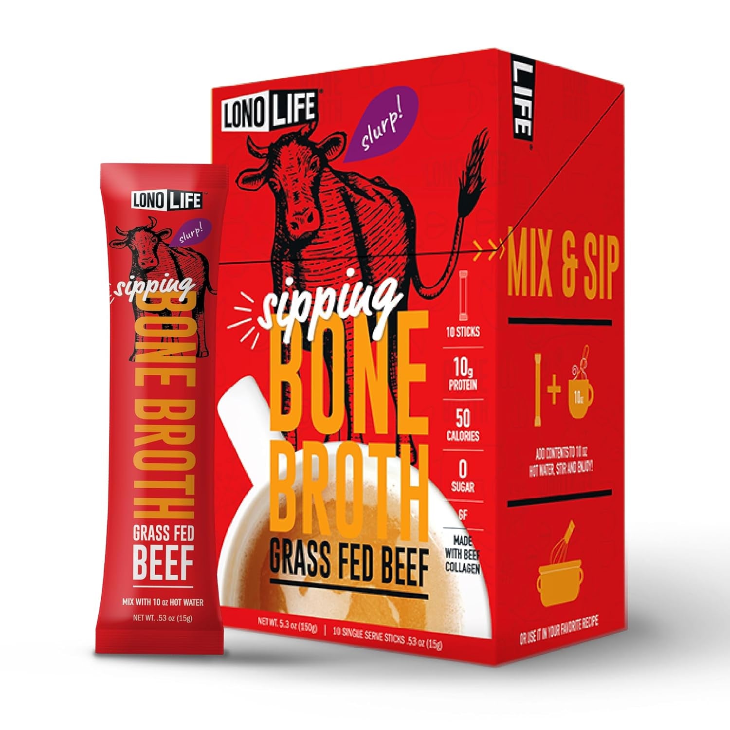LonoLife Beef Bone Broth Powder Mix | 10 Portable Stick Pack Servings