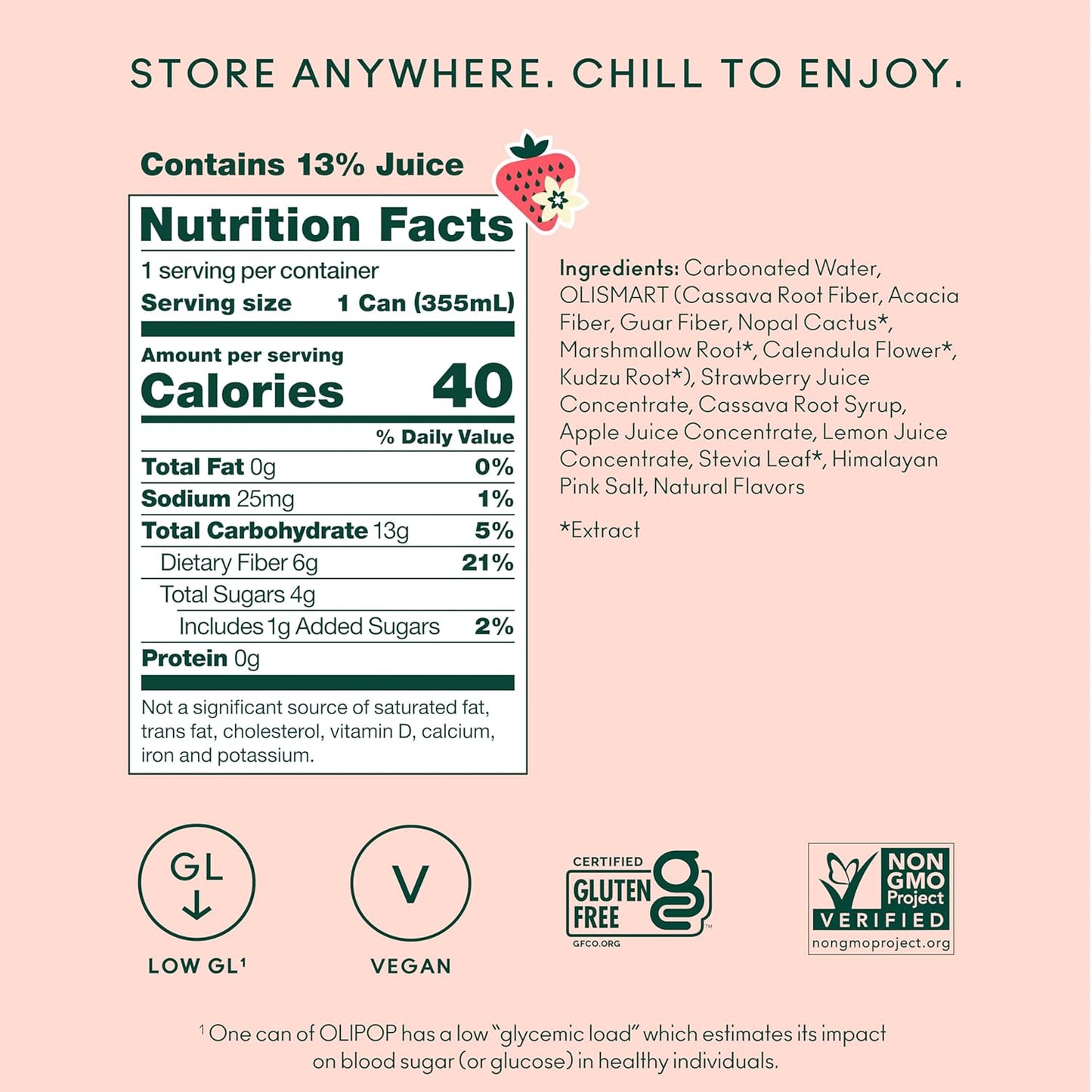 OLIPOP Prebiotic Soda Pop, Strawberry Vanilla (12-Cans)