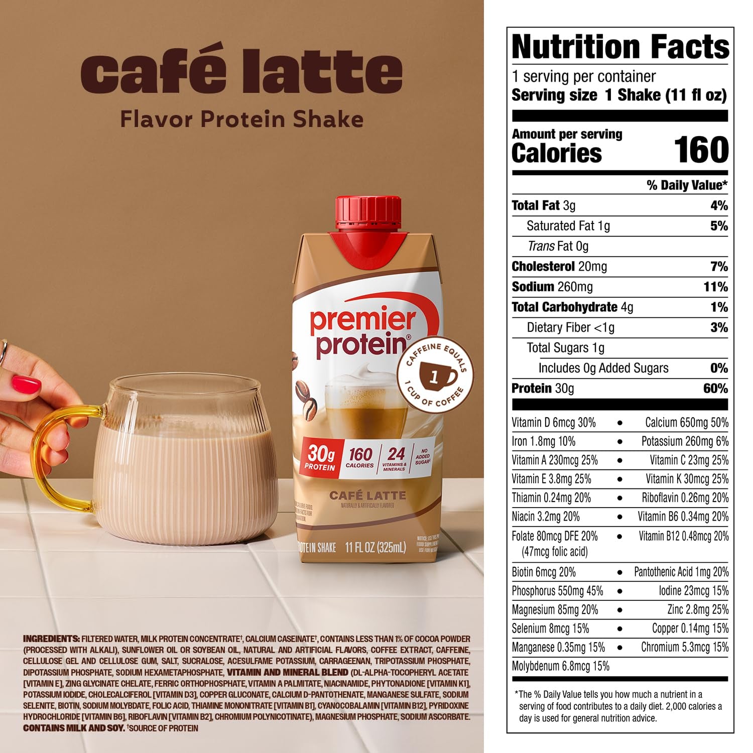 Premier Protein Shake, Café Latte with Caffeine for Energy, 30G Protein, 12 Pack