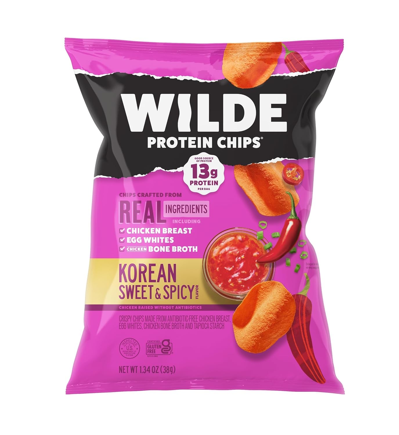 WILDE Protein Chips, Korean Sweet & Spicy, High Protein Snacks, Pack of 12