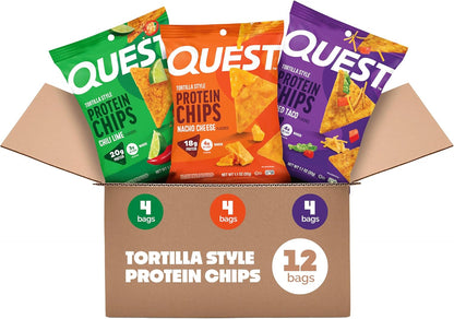 Nutrition Tortilla Style Protein Chips Variety Pack, Chili Lime, Nacho Cheese, Loaded Taco (Pack of 12)