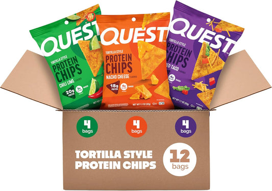 Nutrition Tortilla Style Protein Chips Variety Pack, Chili Lime, Nacho Cheese, Loaded Taco (Pack of 12)