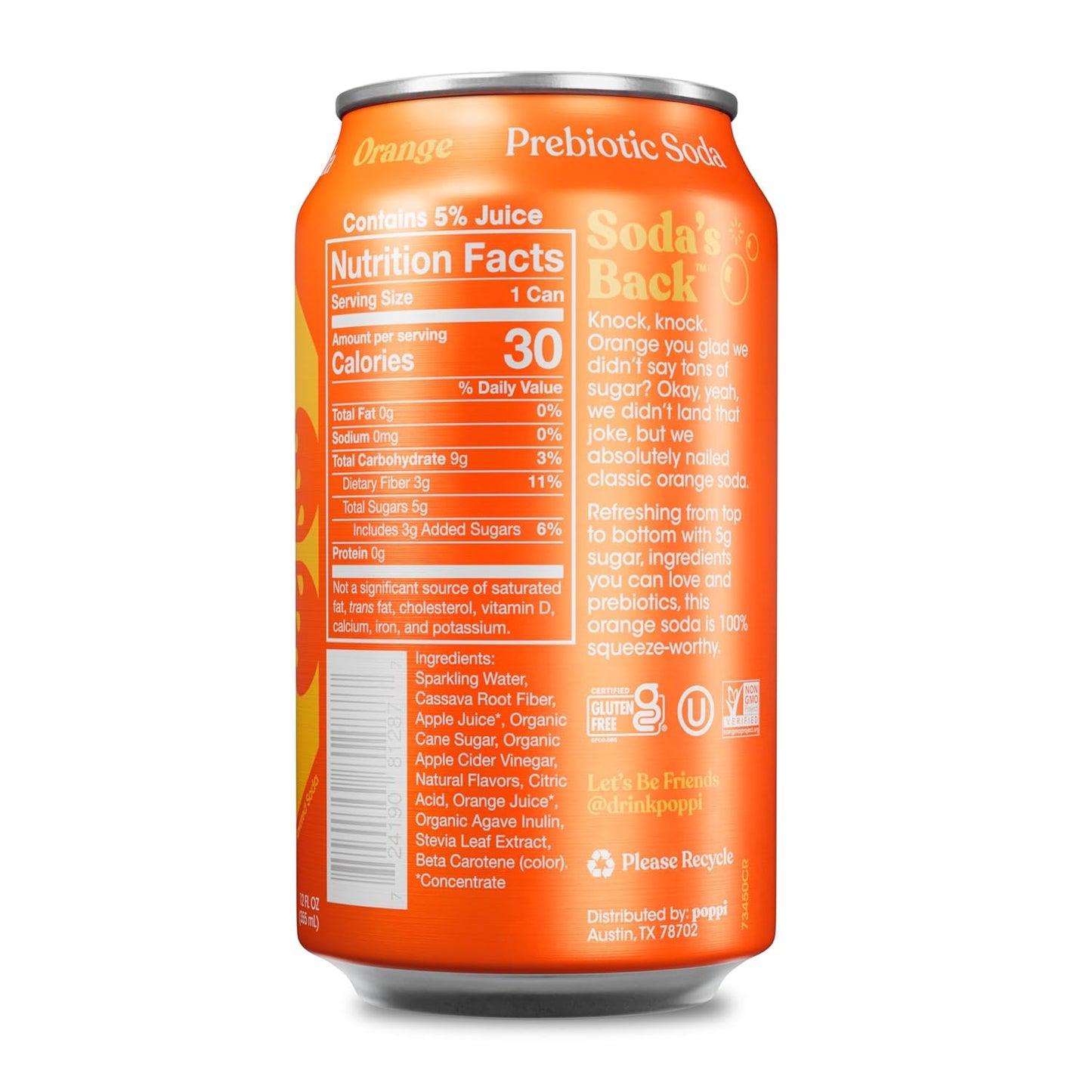 Poppi Sparkling Prebiotic Soda Beverage, Orange Flavor, 12 Fl oz, Pack of 12