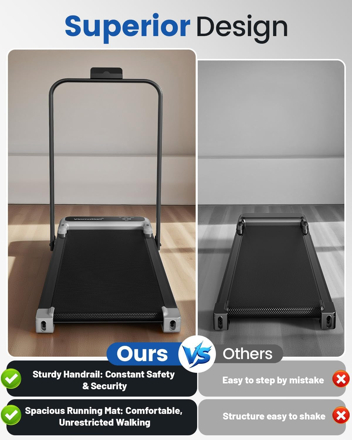 Viamotion Walking Pad Treadmill with Handlebar and Adjustable Incline