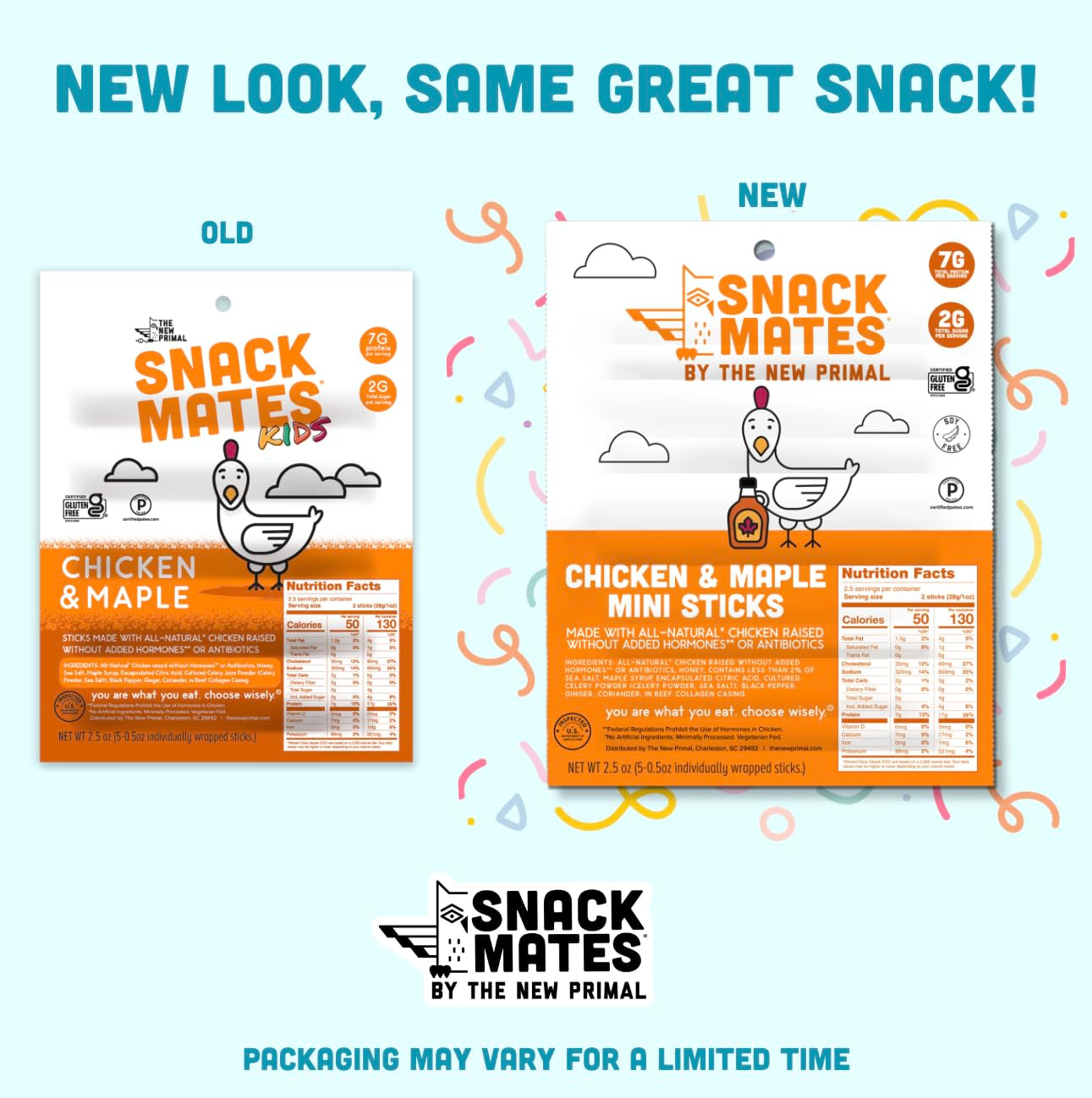 The New Primal Snack Mates Chicken & Maple Sticks, 7G Protein, 50 Calories, 40 Pack
