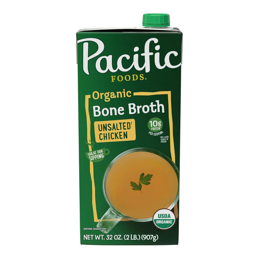 Pacific Foods Organic Unsalted Chicken Bone Broth, 32 Oz Carton