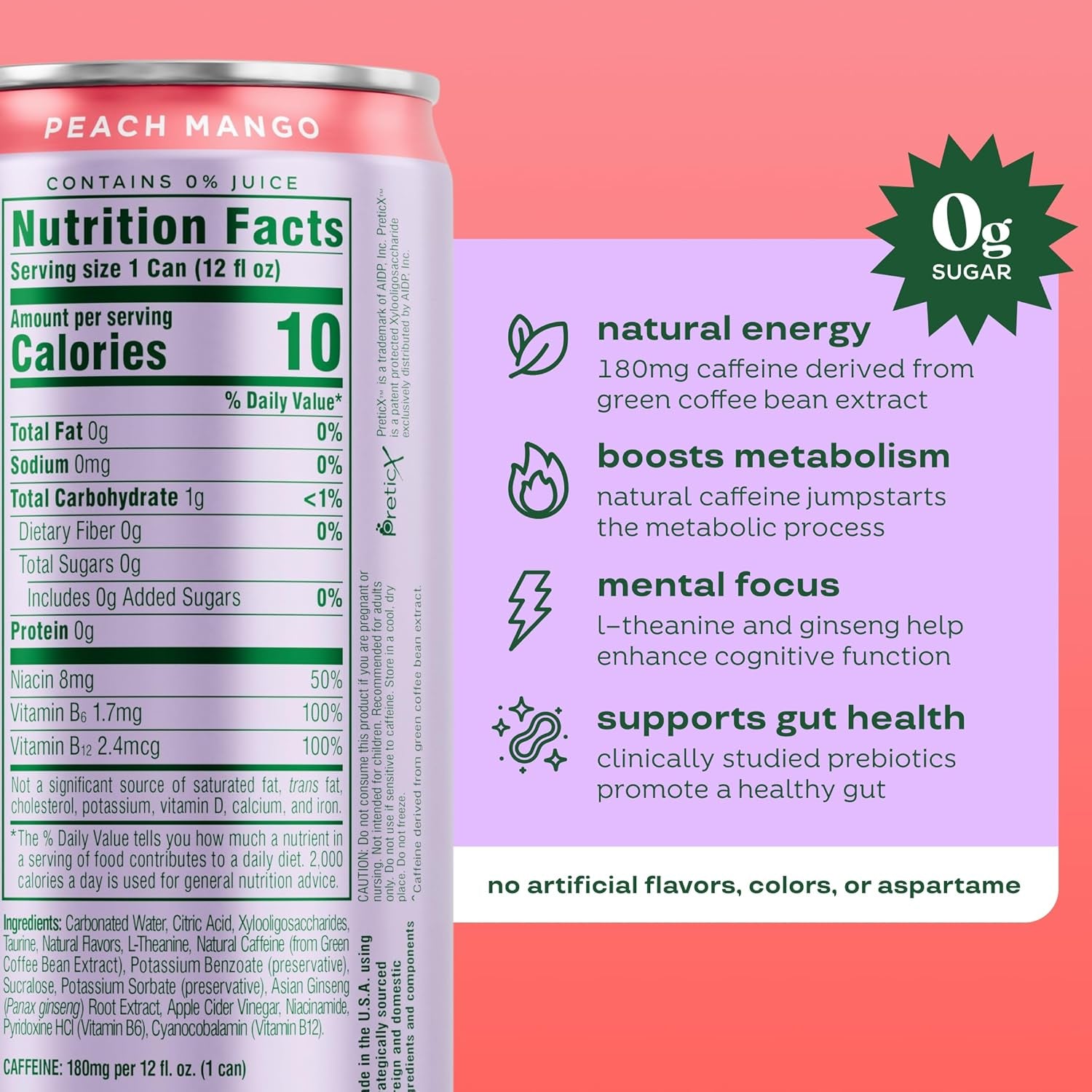 Bloom Nutrition Sparkling Energy Drink - Natural Caffeine, Zero Sugar, 180Mg Caffeine - Peach Mango - 12oz 12 Pk