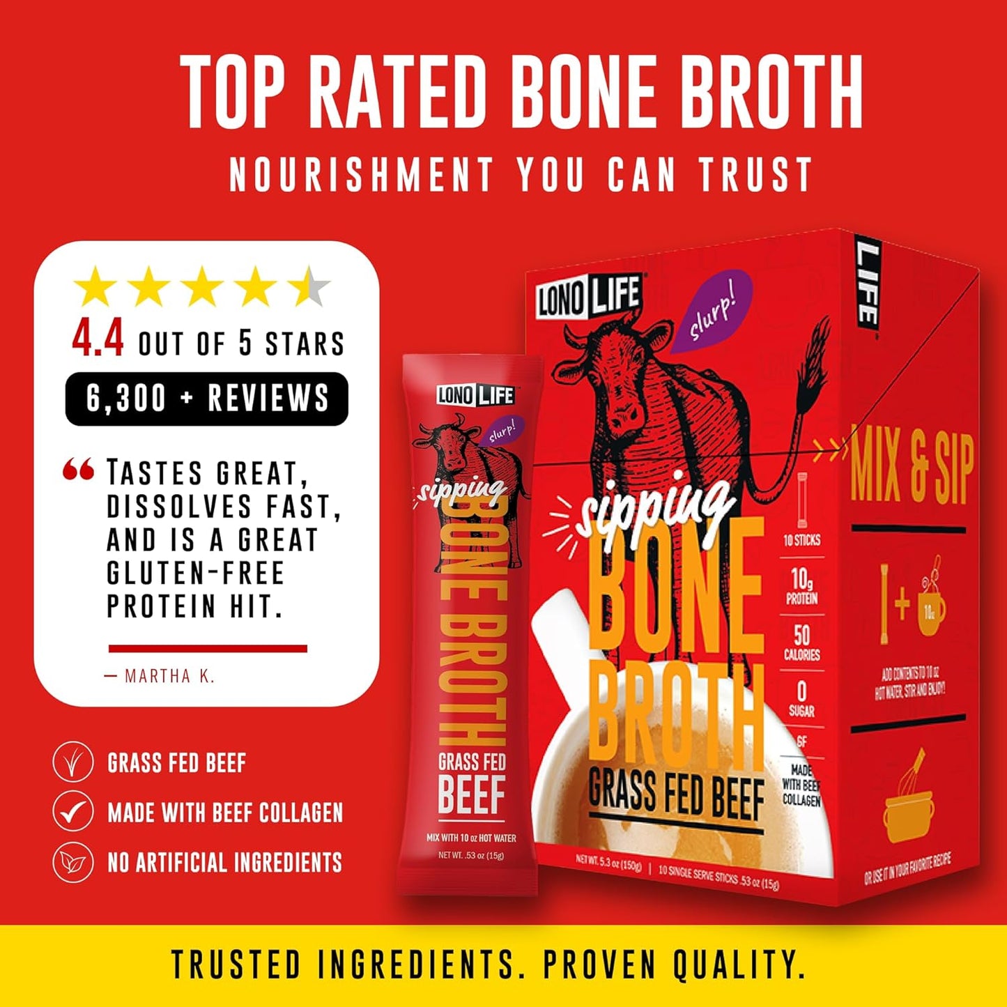 LonoLife Beef Bone Broth Powder Mix | 10 Portable Stick Pack Servings