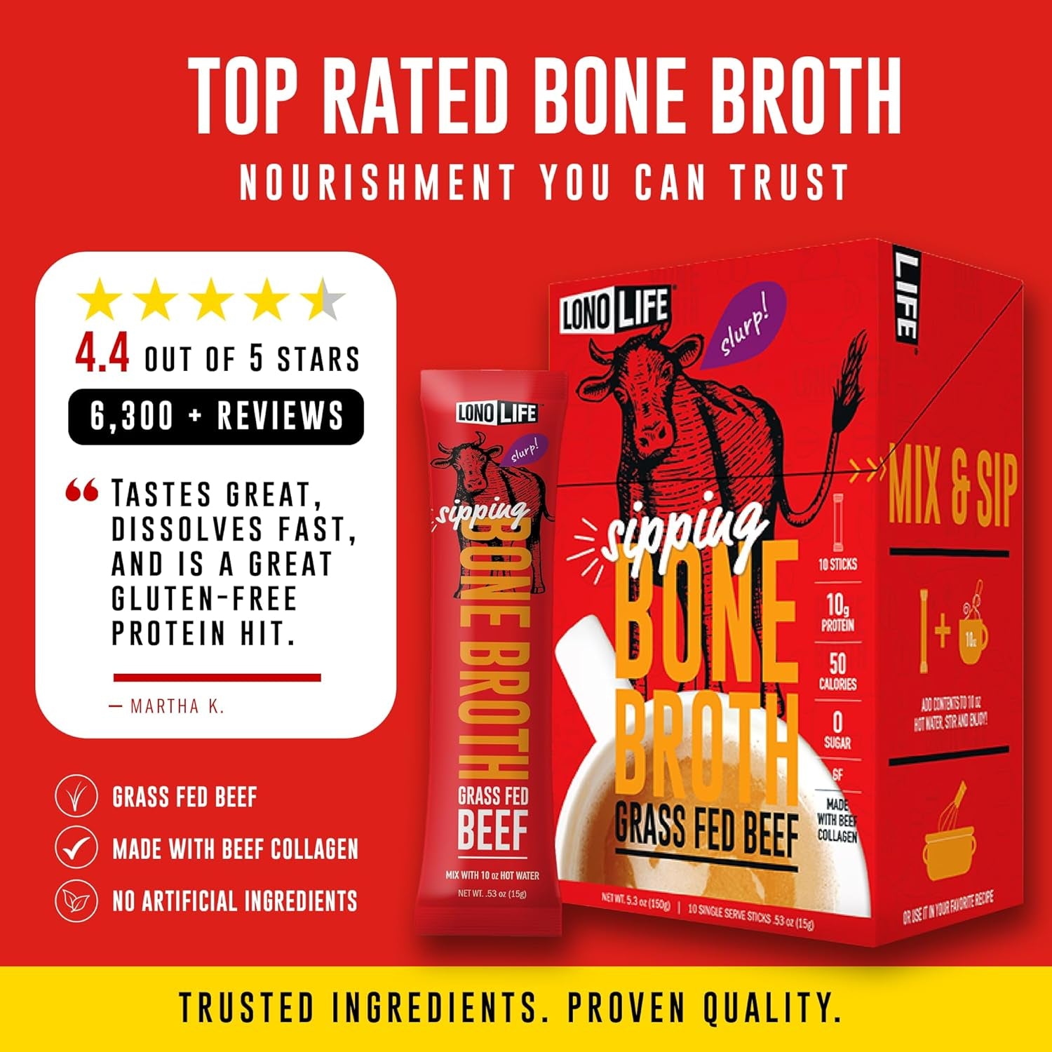 LonoLife Beef Bone Broth Powder Mix | 10 Portable Stick Pack Servings