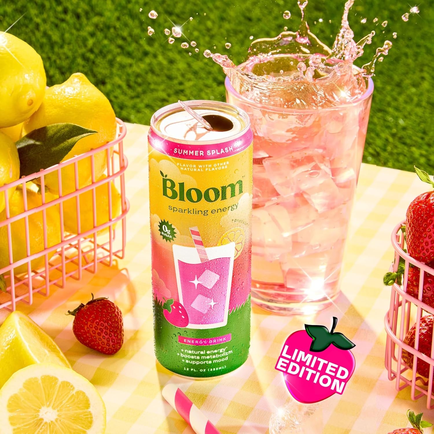 Bloom Nutrition Sparkling Energy Drink - Natural Caffeine, Zero Sugar, 180Mg Caffeine - Summer Splash - 12oz 12 Pack