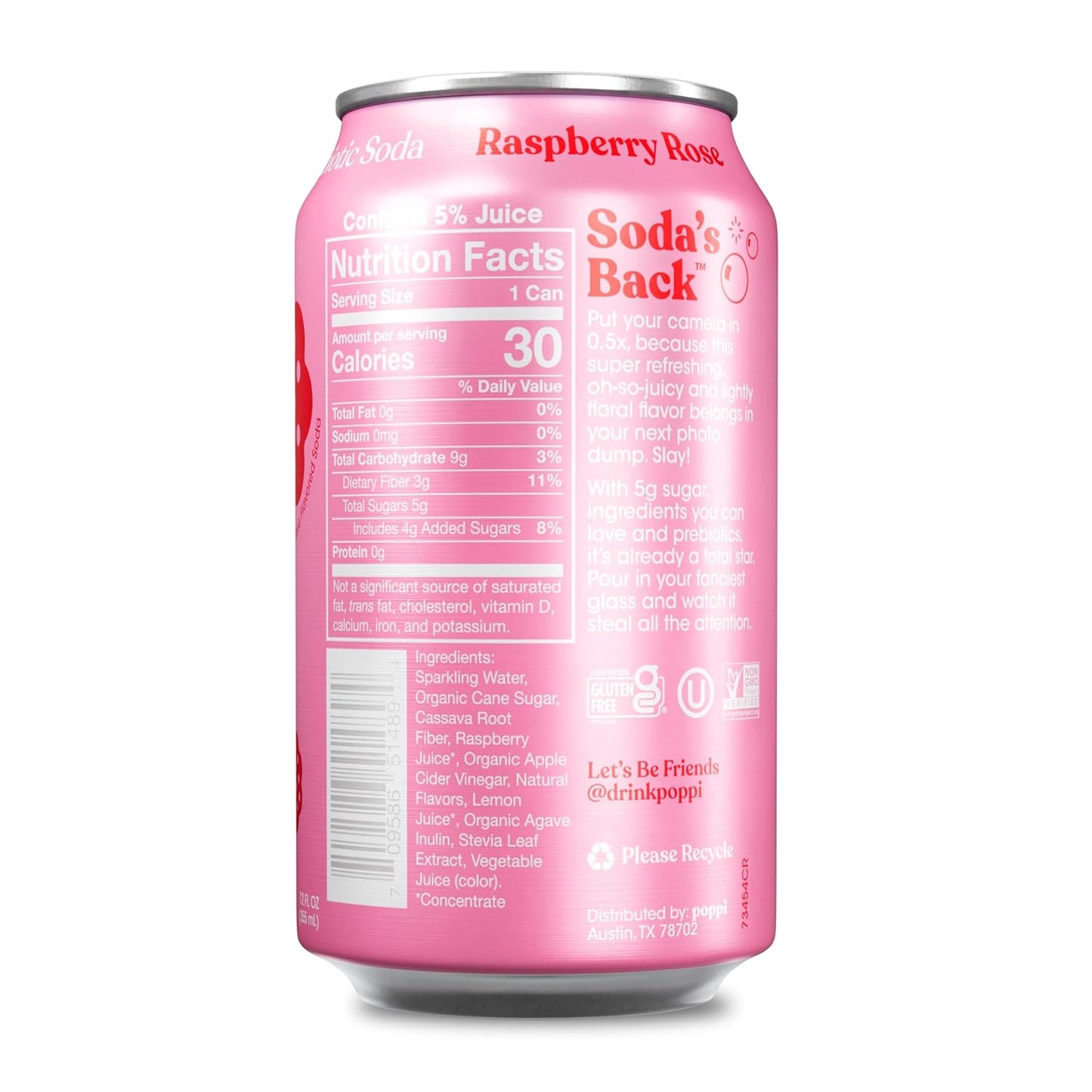 Poppi Sparkling Prebiotic Soda Beverage, Raspberry Rose, 12 oz, 12 Pack