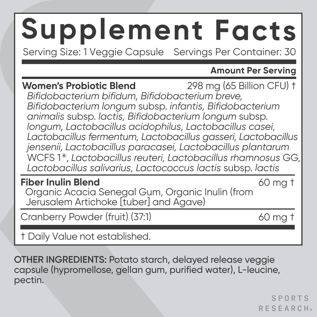 Sports Research® Women'S Probiotics 65 Billion CFU W/Cranberry, 30 Count