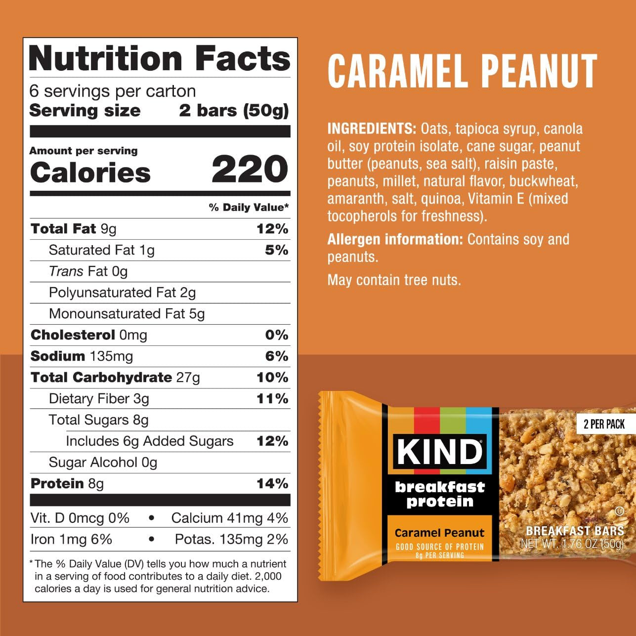 KIND Breakfast Protein Bars, Caramel Peanut, 8G Protein, 6 Count
