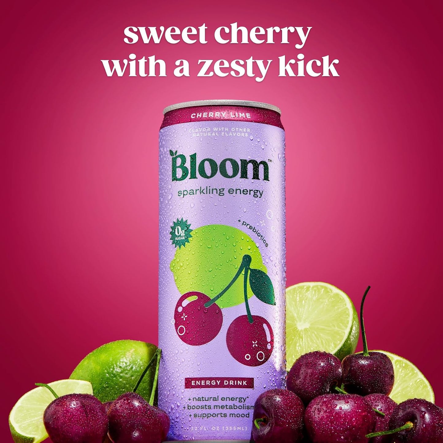 Bloom Nutrition Sparkling Energy Drink - Natural Caffeine, Zero Sugar, 180Mg Caffeine - Antioxidant-Rich W/Green Coffee Bean, Green Tea Extract, Prebiotics - Cherry Lime - 12Oz 12 Pk