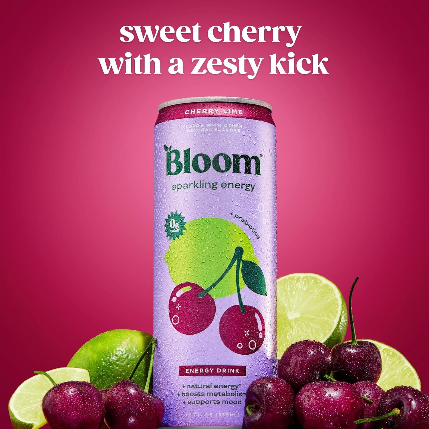 Bloom Nutrition Sparkling Energy Drink - Natural Caffeine, Zero Sugar, 180Mg Caffeine - Antioxidant-Rich W/Green Coffee Bean, Green Tea Extract, Prebiotics - Cherry Lime - 12Oz 12 Pk
