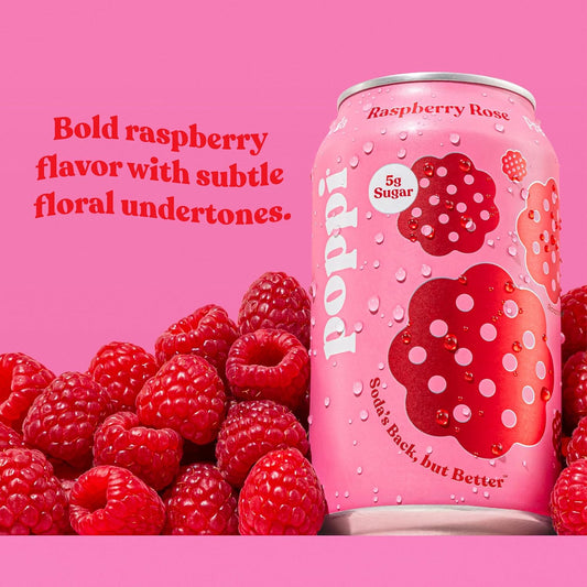 Poppi Sparkling Prebiotic Soda Beverage, Raspberry Rose, 12 oz, 12 Pack