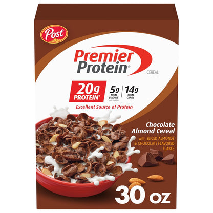 Post Premier Protein Chocolate Almond Cereal, Chocolatey Protein Cereal Flakes with Sliced Almonds