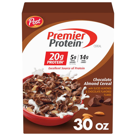 Post Premier Protein Chocolate Almond Cereal, Chocolatey Protein Cereal Flakes with Sliced Almonds
