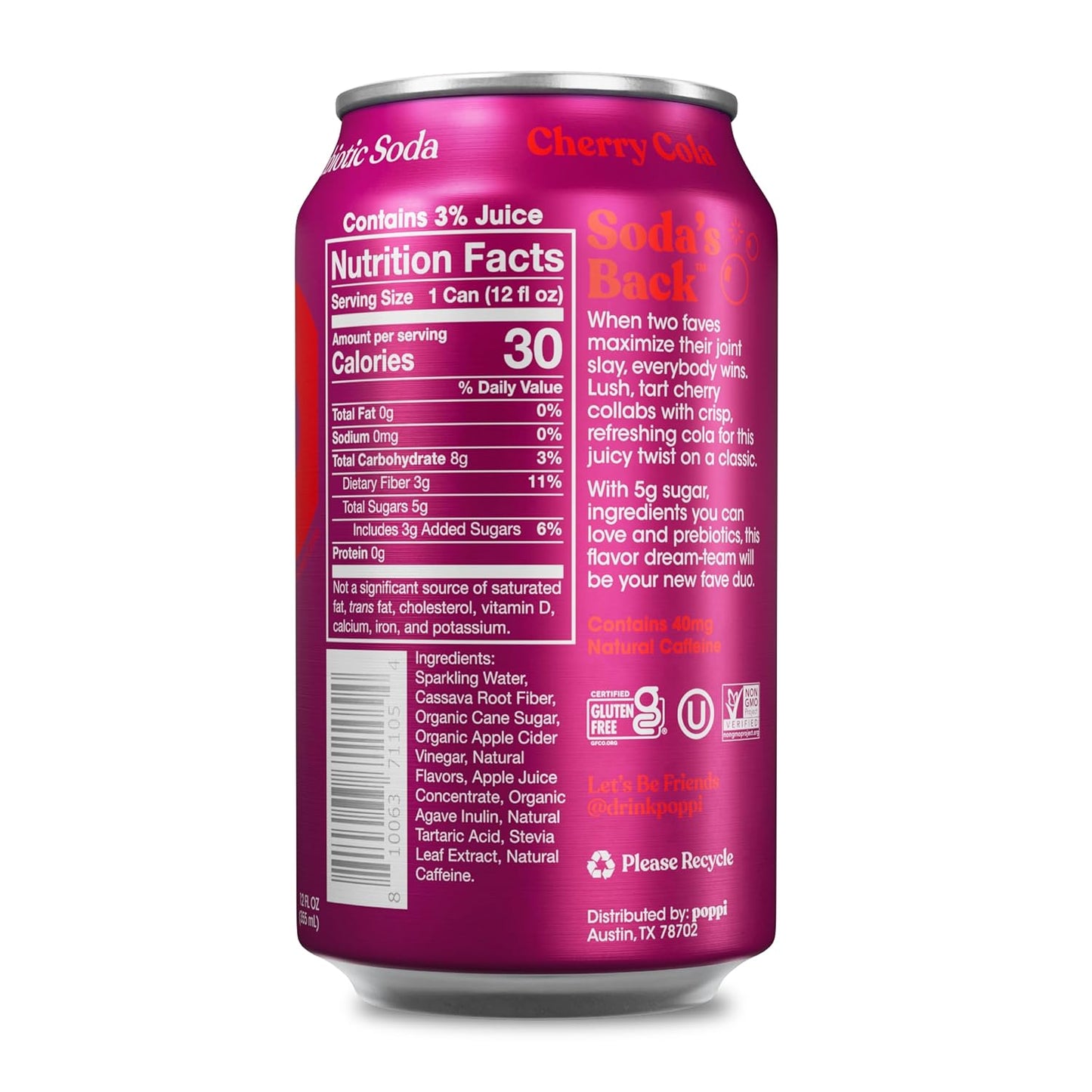 Poppi Sparkling Prebiotic Soda Beverage, Cherry Cola Flavor, 12 oz, Pack of 12
