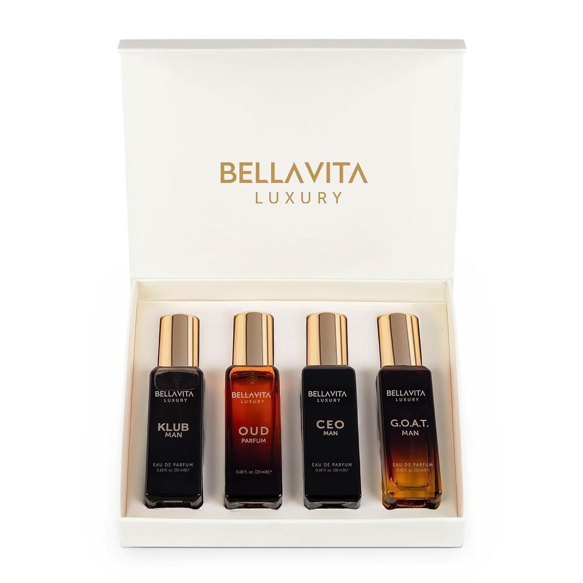 Bellavita Luxury Men's Perfume Gift Set with CEO Man, G.O.A.T., KLUB & OUD | 4 X 20Ml (80Ml) | Citrus, Woody, Patchouli & Caramel Notes