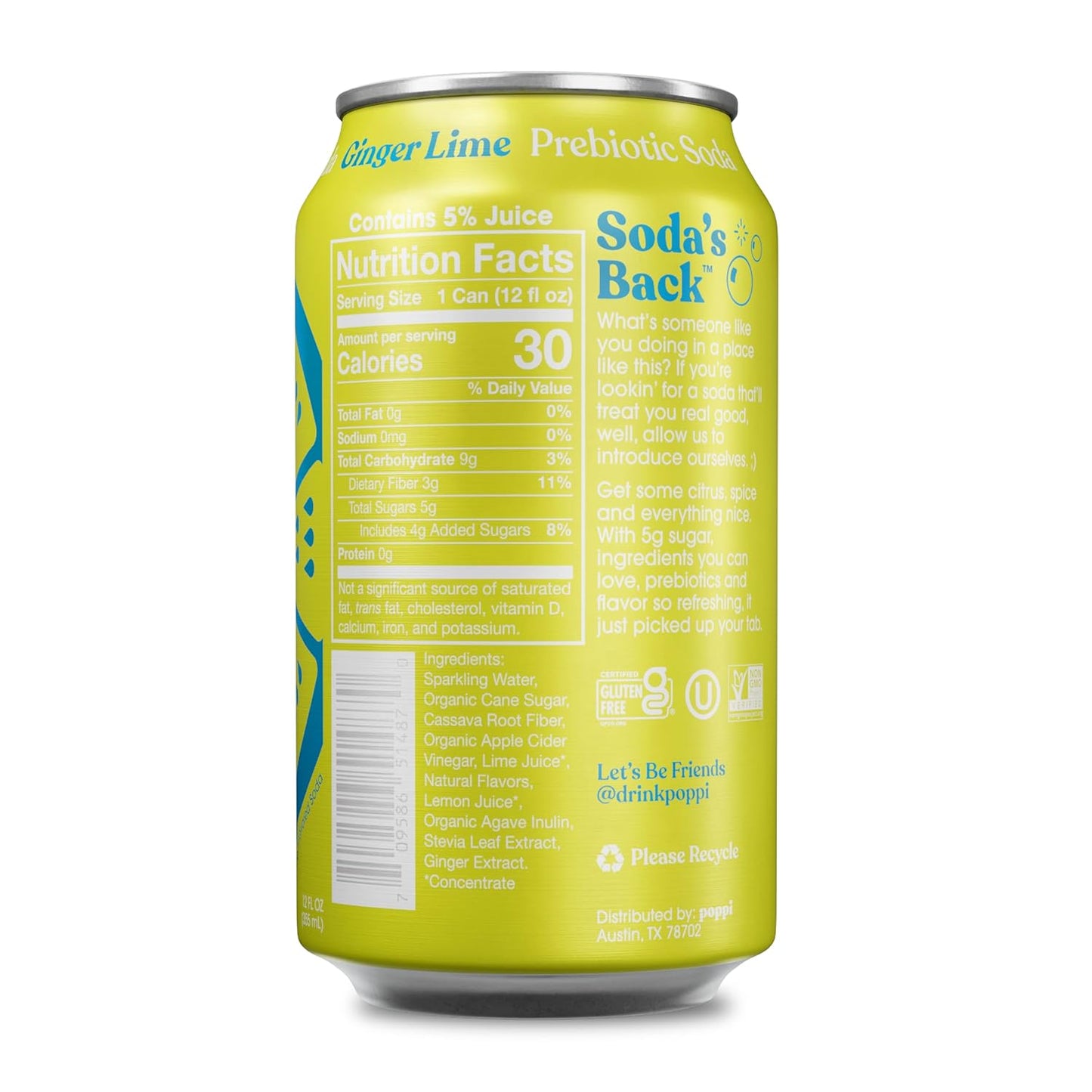 Poppi Prebiotic Soda, Sparkling Water & Fruit Juice, Ginger Lime, 12 oz, 12 Pack