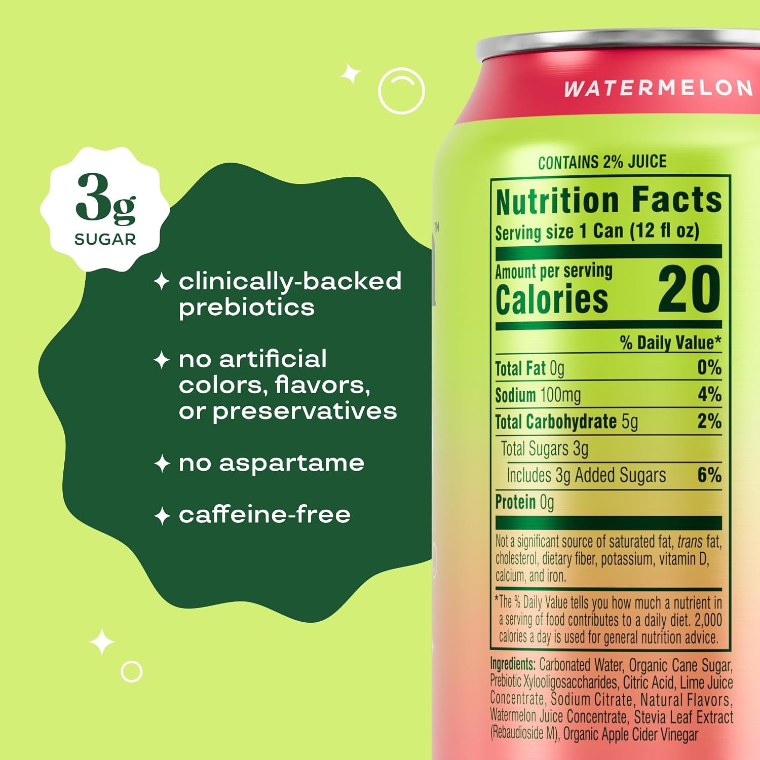 Bloom Pop Prebiotic Soda 12 Pack, Watermelon Lime Flavor, 12oz Cans