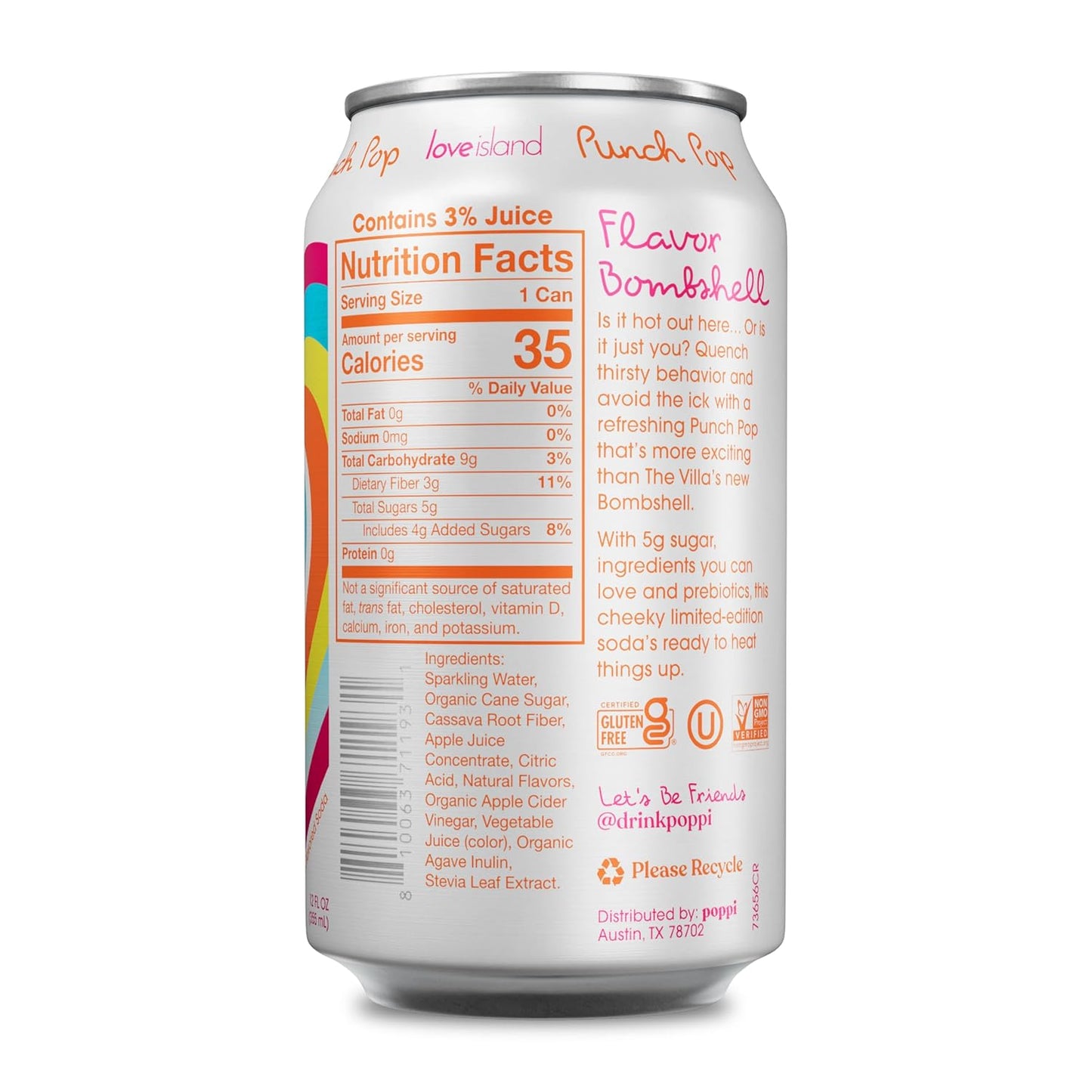 Poppi Sparkling Prebiotic Soda Beverage, Punch Pop, 12 oz, 12 Pack