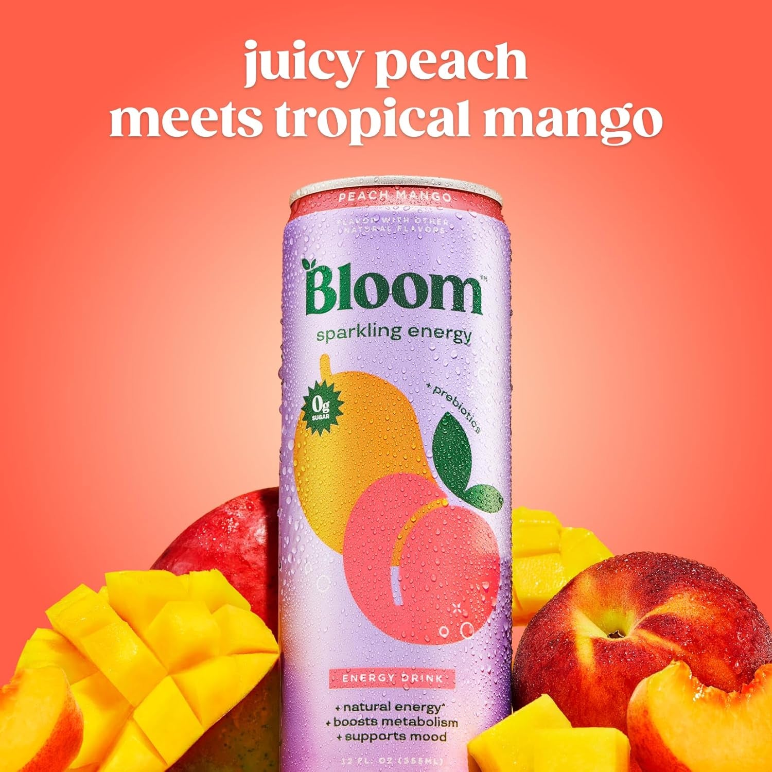 Bloom Nutrition Sparkling Energy Drink - Natural Caffeine, Zero Sugar, 180Mg Caffeine - Peach Mango - 12oz 12 Pk