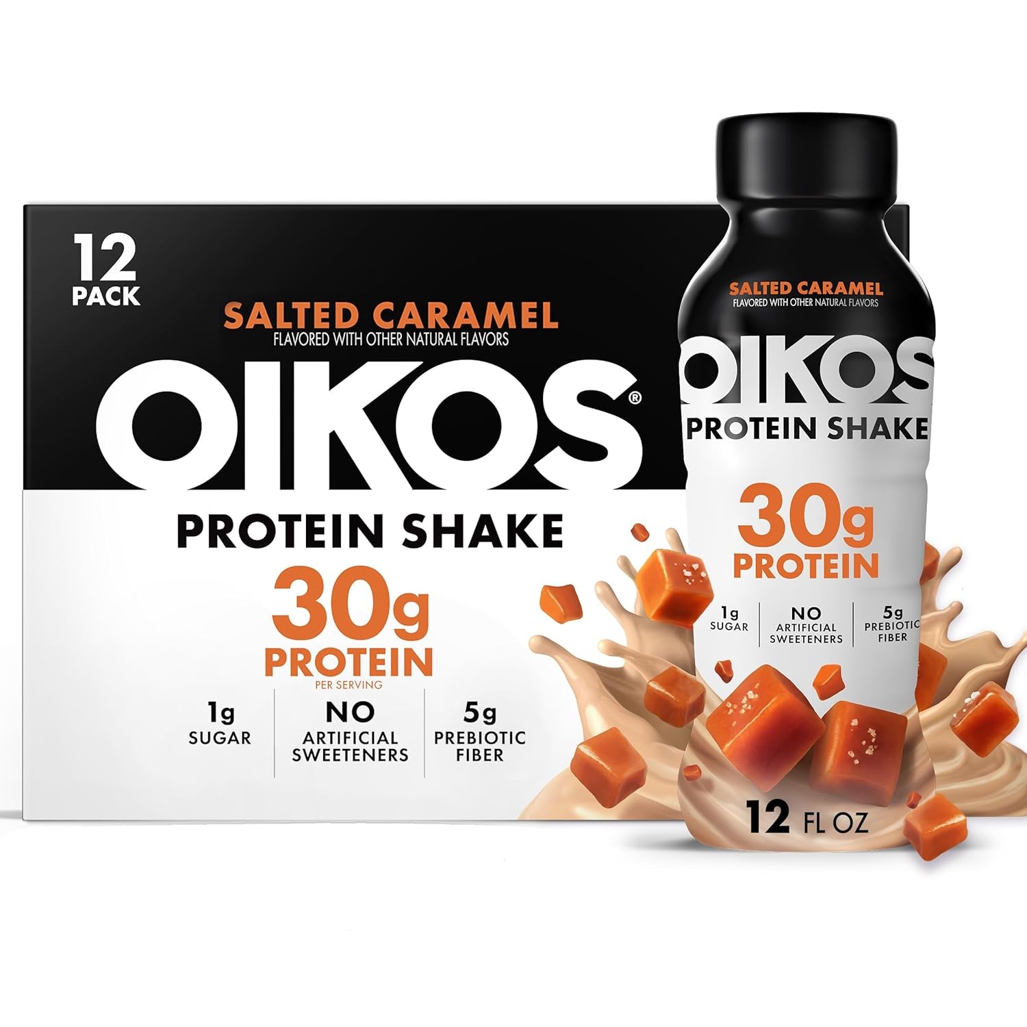 Oikos Protein Shake, Salted Caramel, 30G High Protein Drinks, 12 Fl oz Bottle, 12 Count